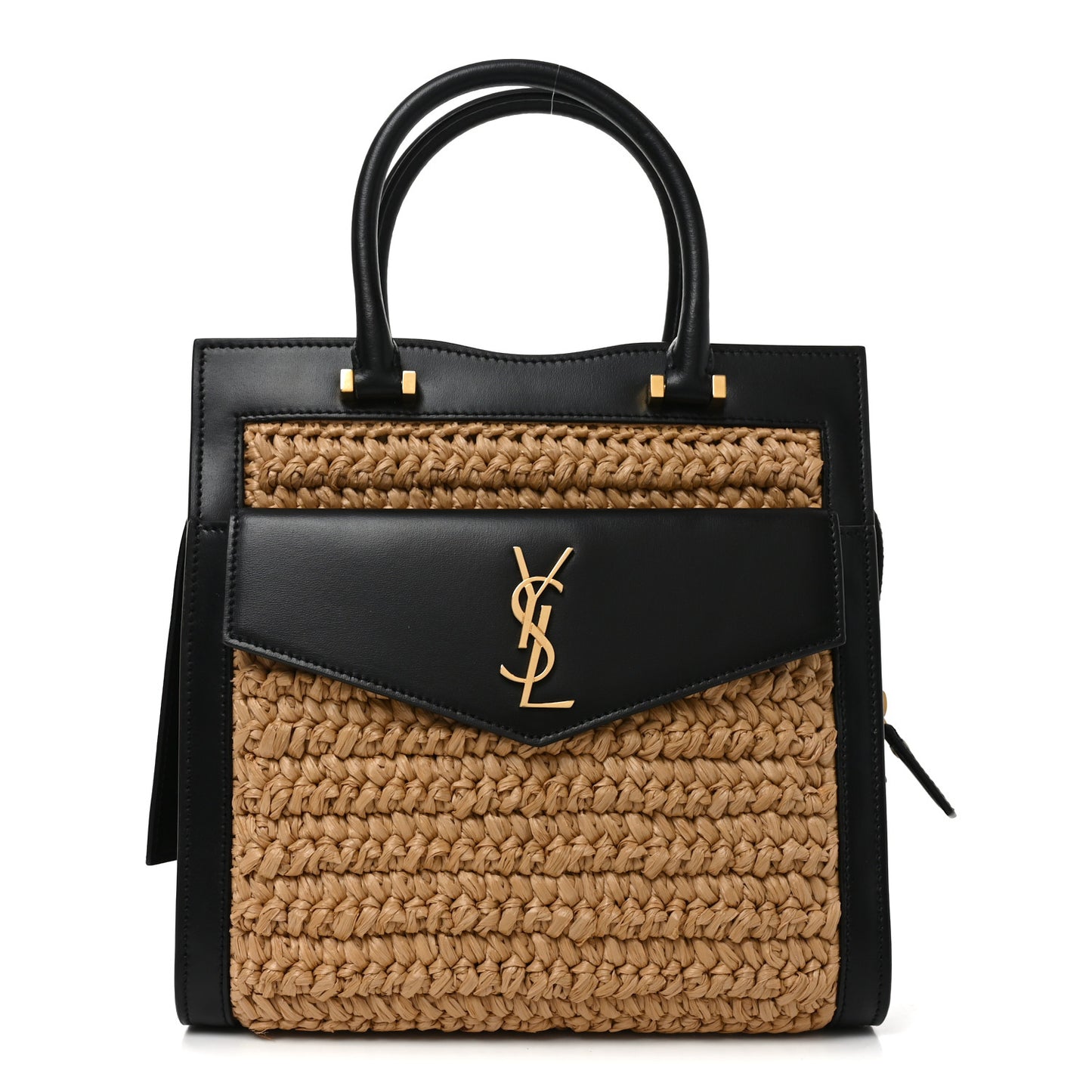 Raffia Calfskin Small Uptown Tote Black Natural