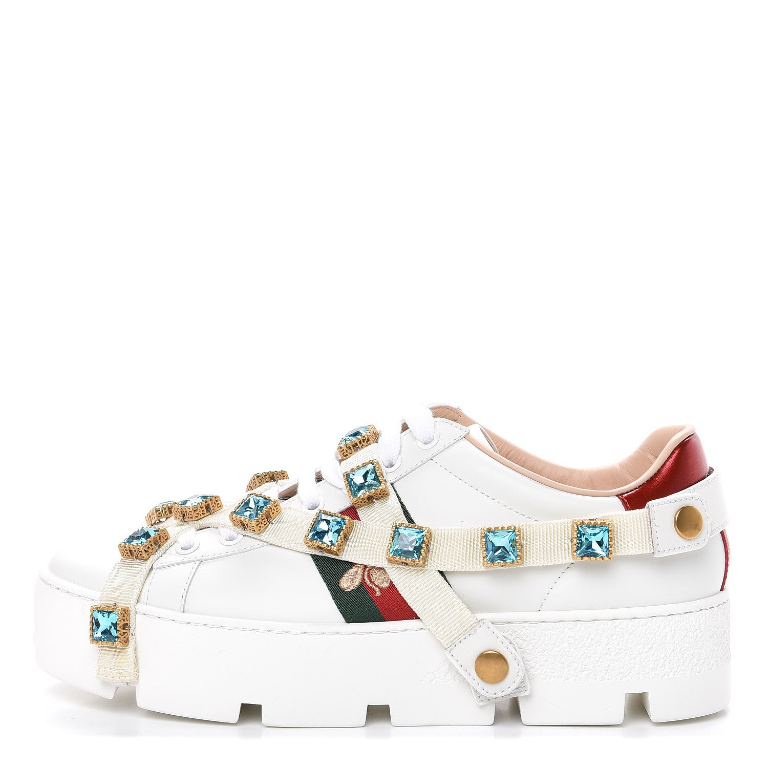 Gucci Calfskin Removable Crystals Bee Embroidered Womens Ace Platform Sneakers 37.5 White 1 of 9