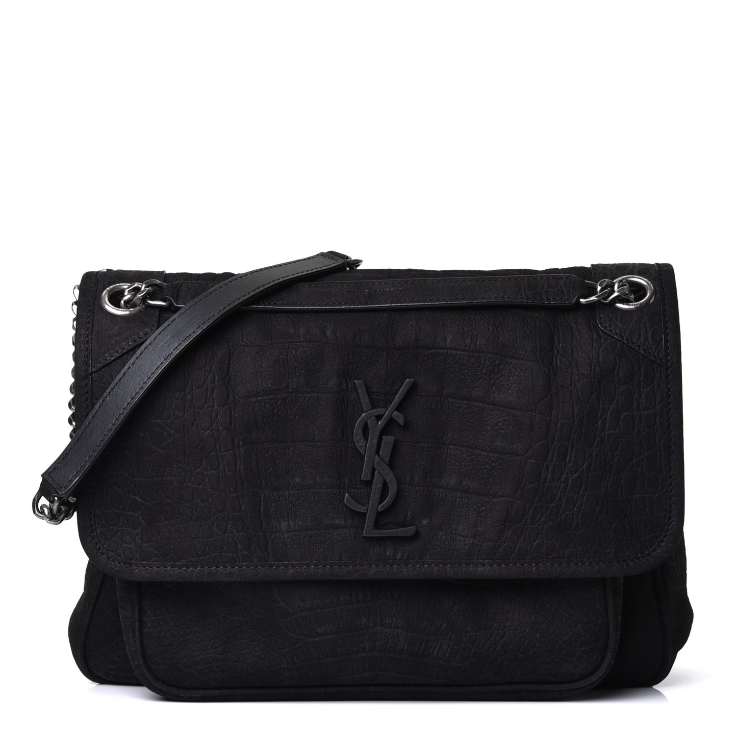Nubuck Crocodile Embossed Monogram Medium Niki Chain Satchel Black