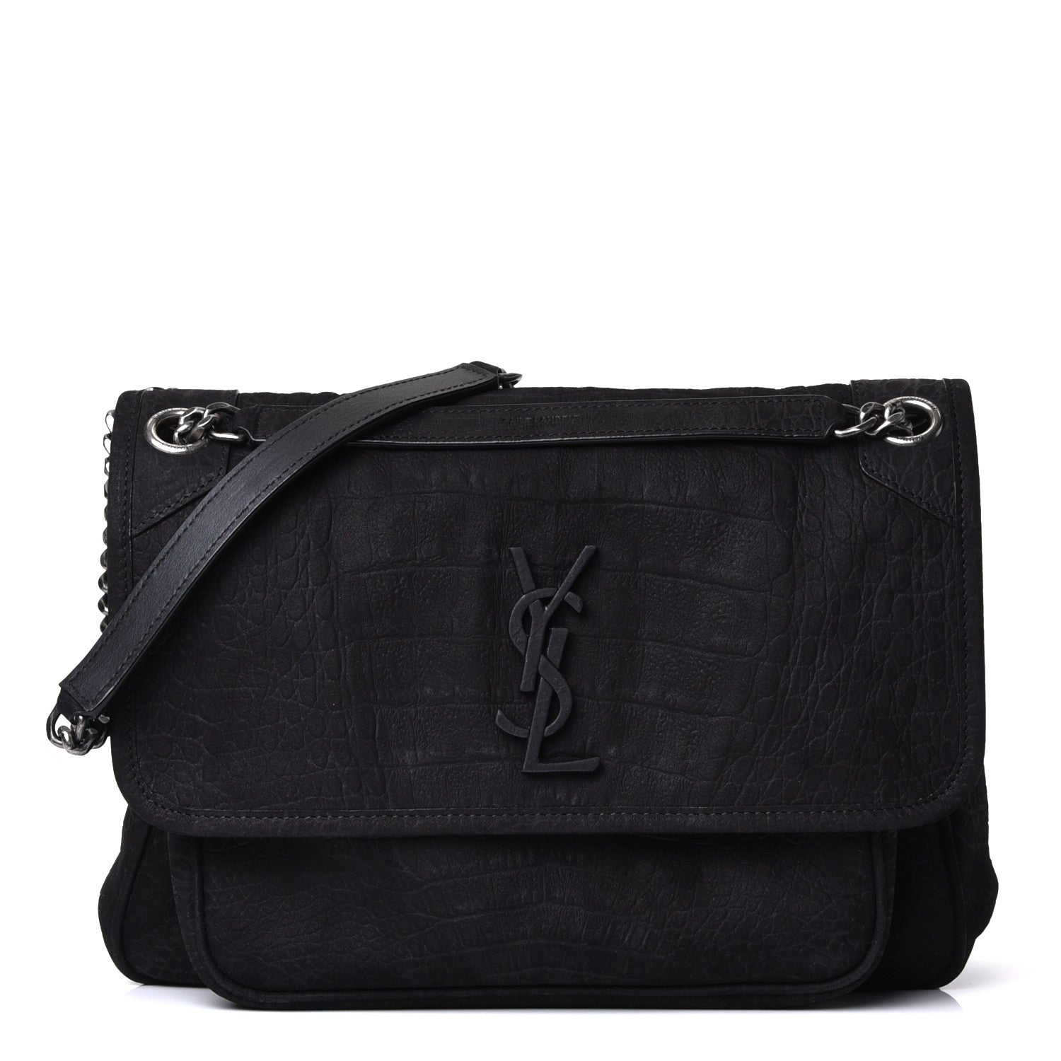 Saint Laurent Nubuck Crocodile Embossed Monogram Medium Niki Chain Satchel Black 1 of 10