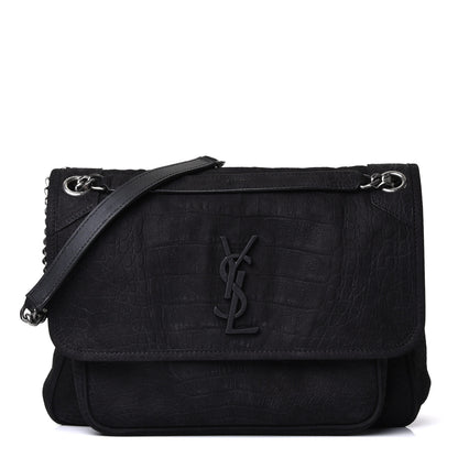 Saint Laurent Nubuck Crocodile Embossed Monogram Medium Niki Chain Satchel Black 1 of 10