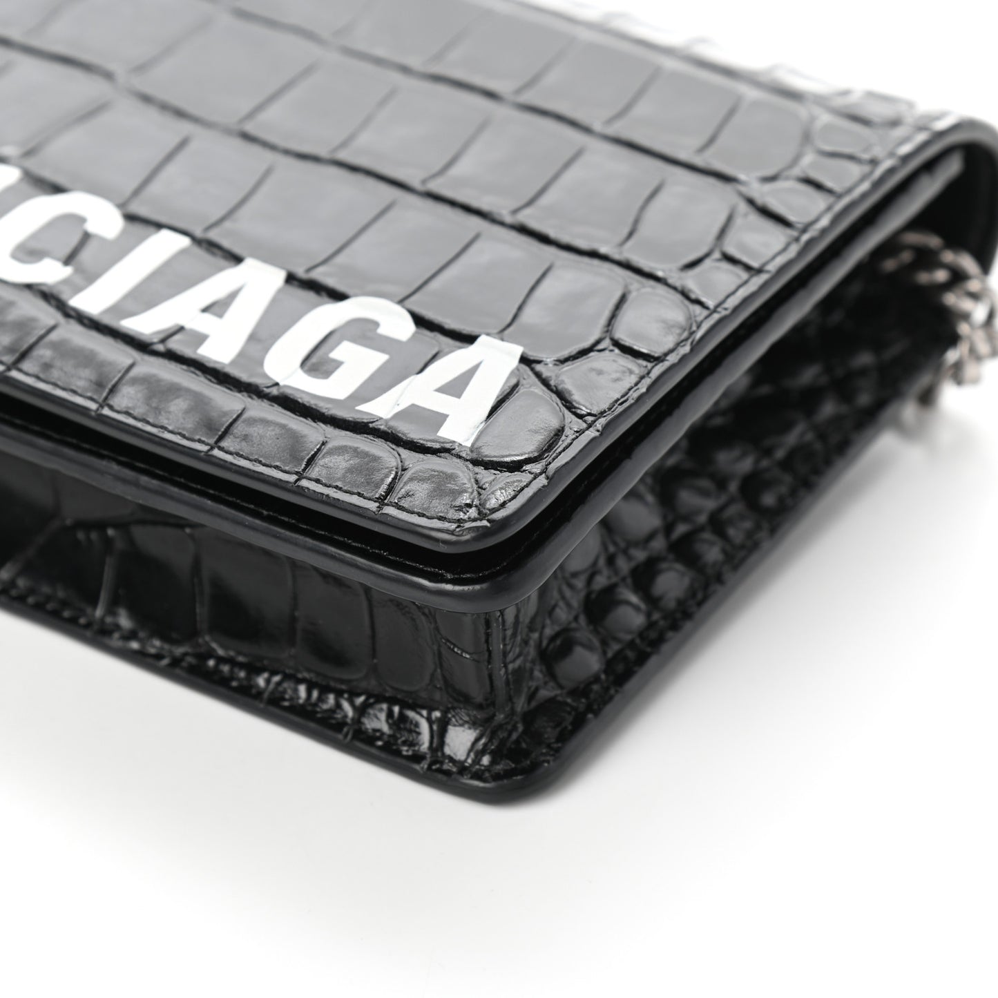 Shiny Calfskin Logo Crocodile Embossed Ville Wallet on Chain Black