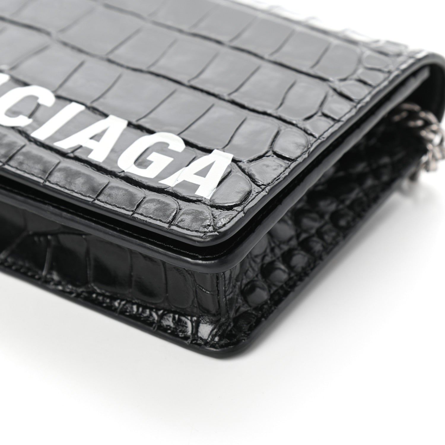 Balenciaga Shiny Calfskin Logo Crocodile Embossed Ville Wallet on Chain Black 8 of 9