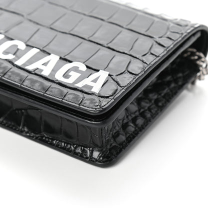 Balenciaga Shiny Calfskin Logo Crocodile Embossed Ville Wallet on Chain Black 8 of 9