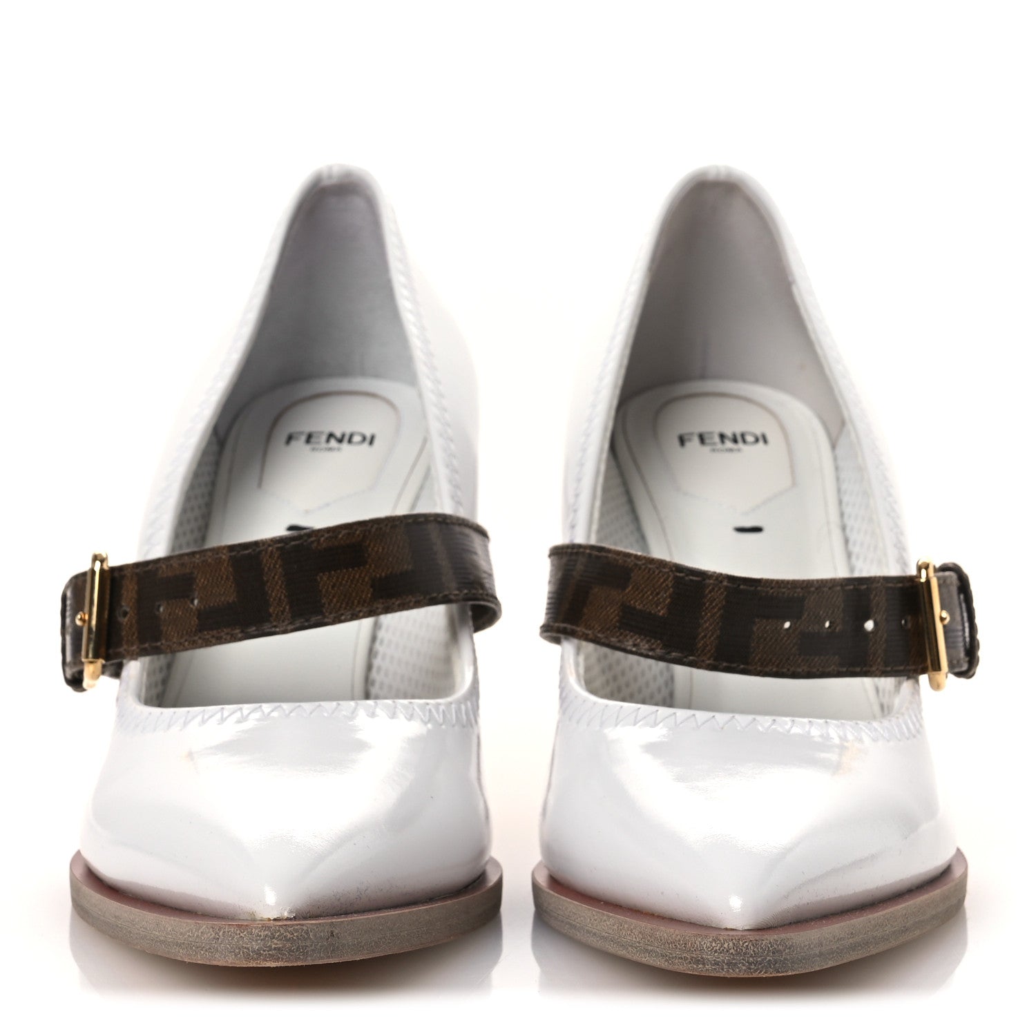 Fendi Glossy Neoprene Glazed Fabric FF FFrame Court Mary Jane Pumps 39 White Tobacco Moro 3 of 11