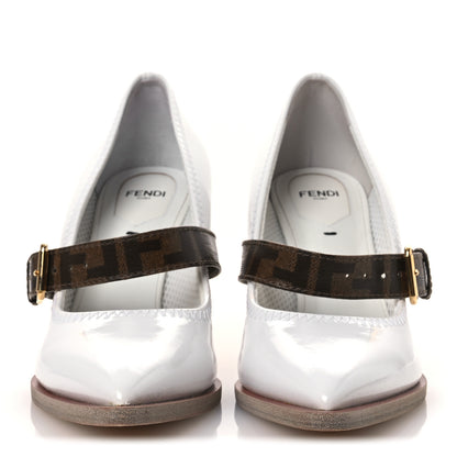 Fendi Glossy Neoprene Glazed Fabric FF FFrame Court Mary Jane Pumps 39 White Tobacco Moro 3 of 11