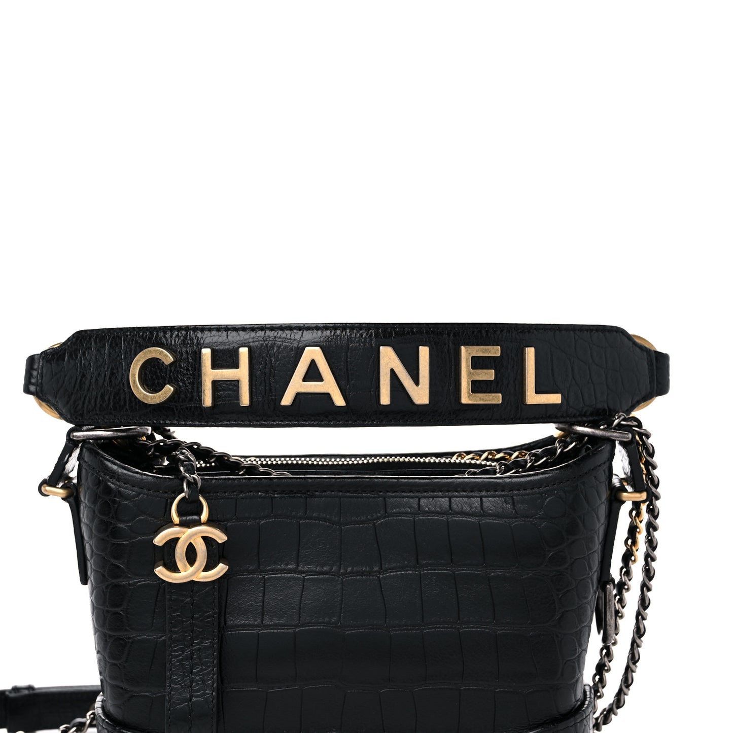 Calfskin Crocodile Embossed Small Gabrielle Cocodile Hobo Black