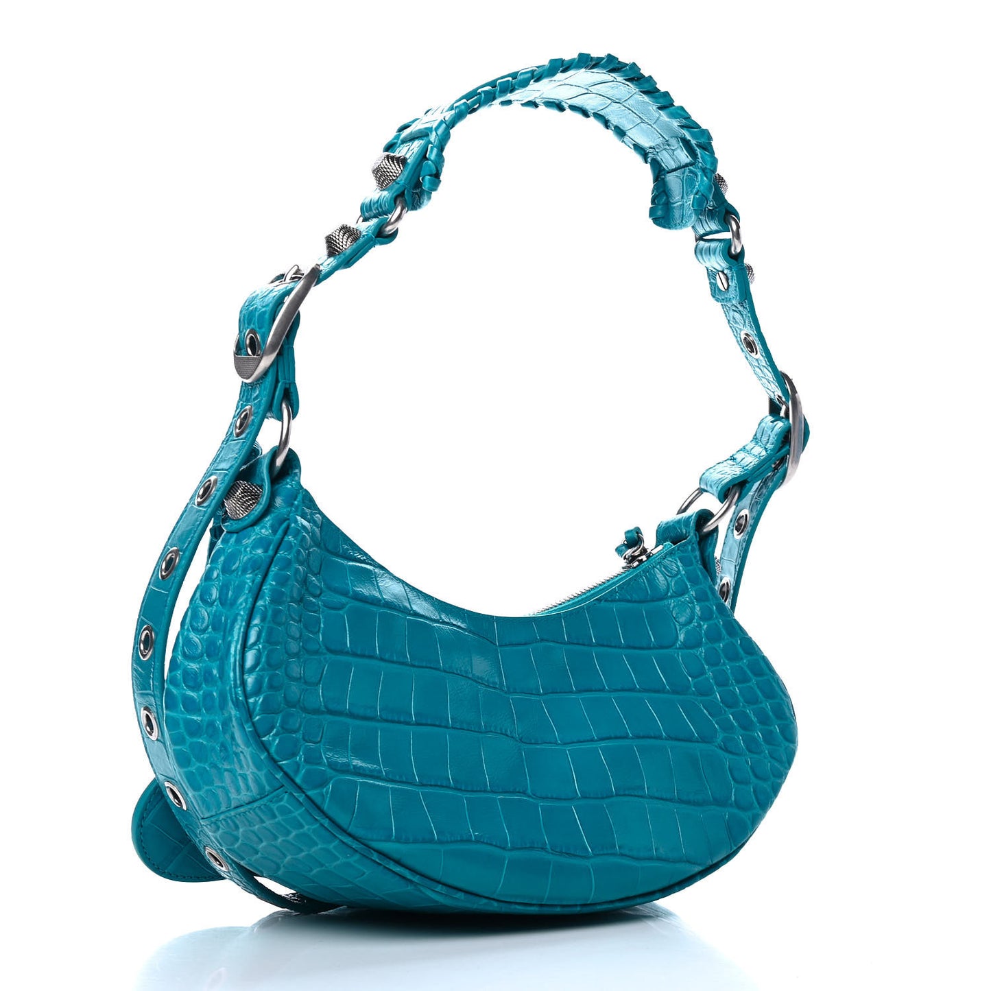 Extra Supple Calfskin Crocodile Embossed Le Cagole Shoulder Bag XS Turquoise