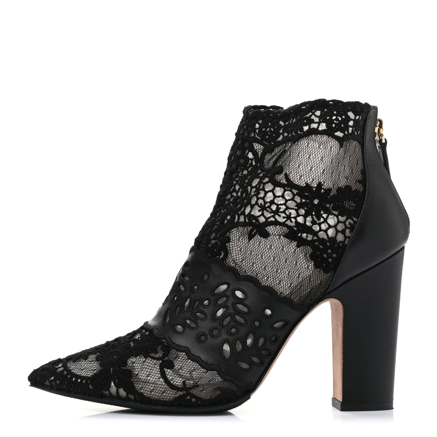 Calfskin Lace Tulle Pointed Toe Ankle Boots 39.5 Black