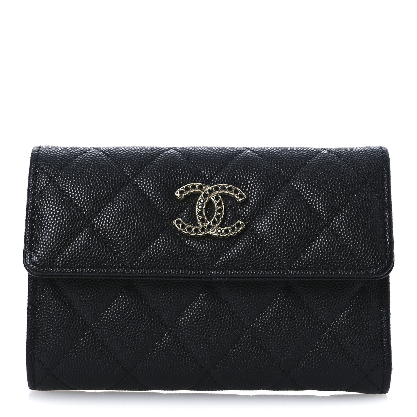 Caviar Quilted Crystal CC Medium Flap Wallet Black