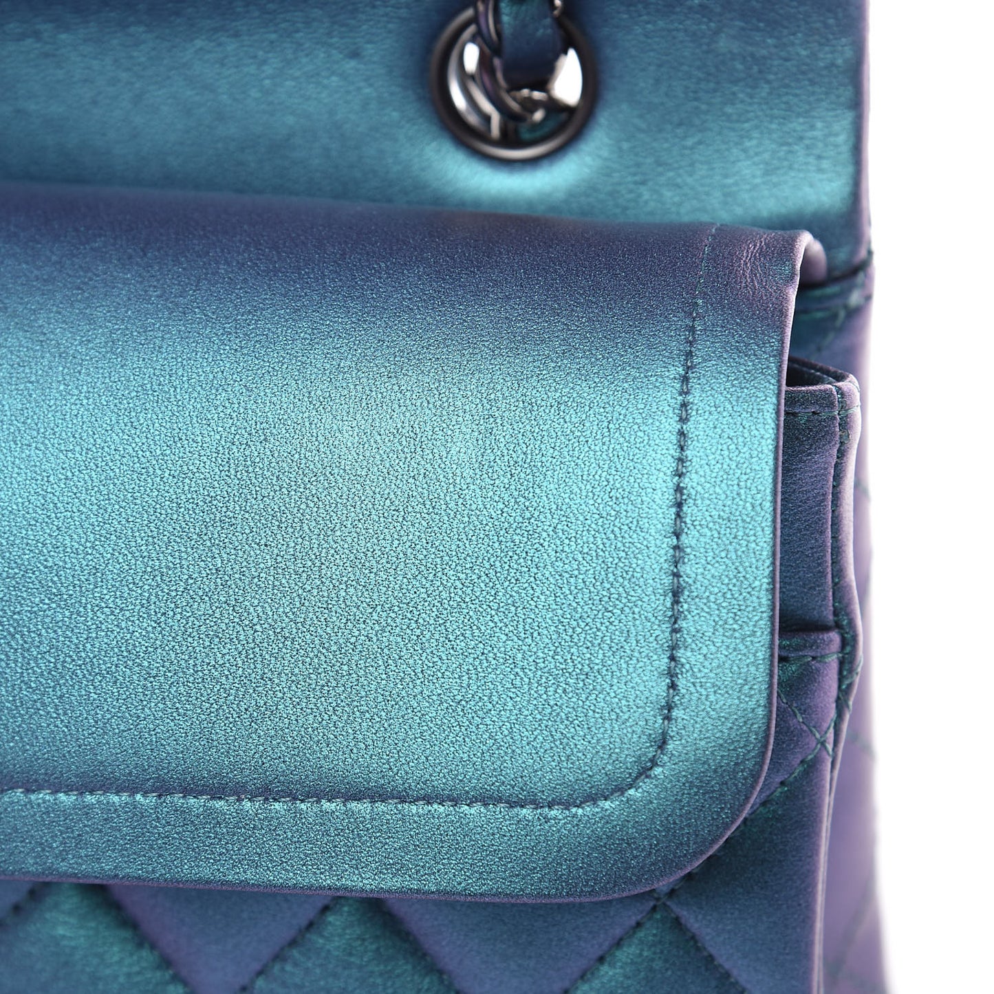 Metallic Lambskin Quilted Medium Double Flap Turquoise