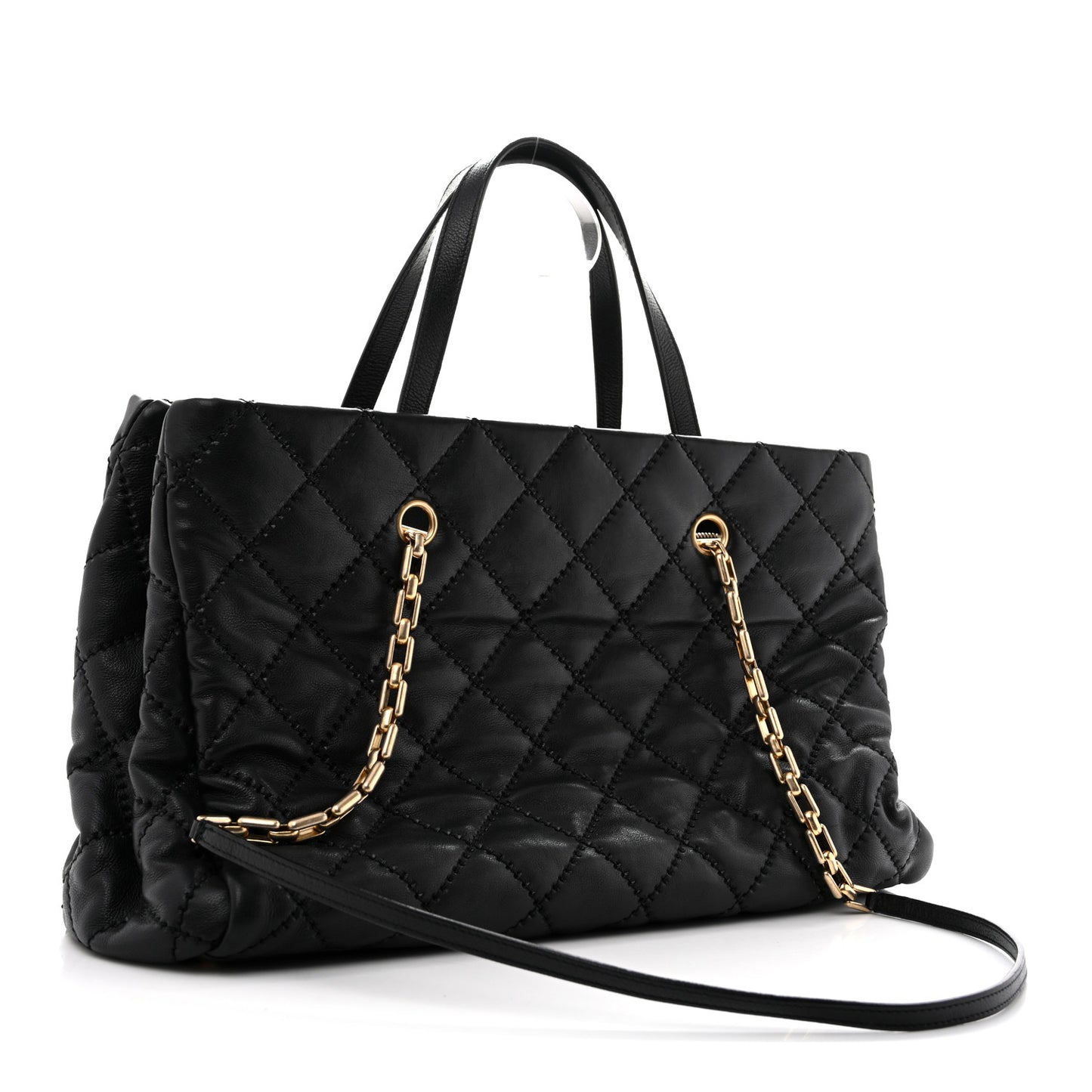 Calfskin Quilted Large Retro Chain Shopping Tote  Black