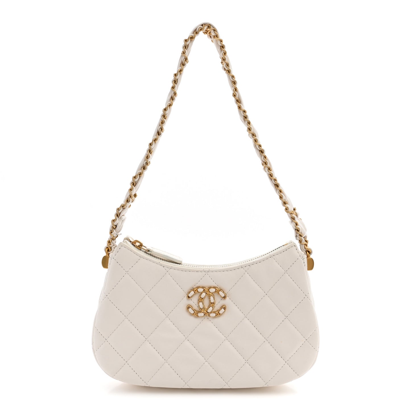 Crumpled Calfskin Quilted Braided CC Small Hobo White