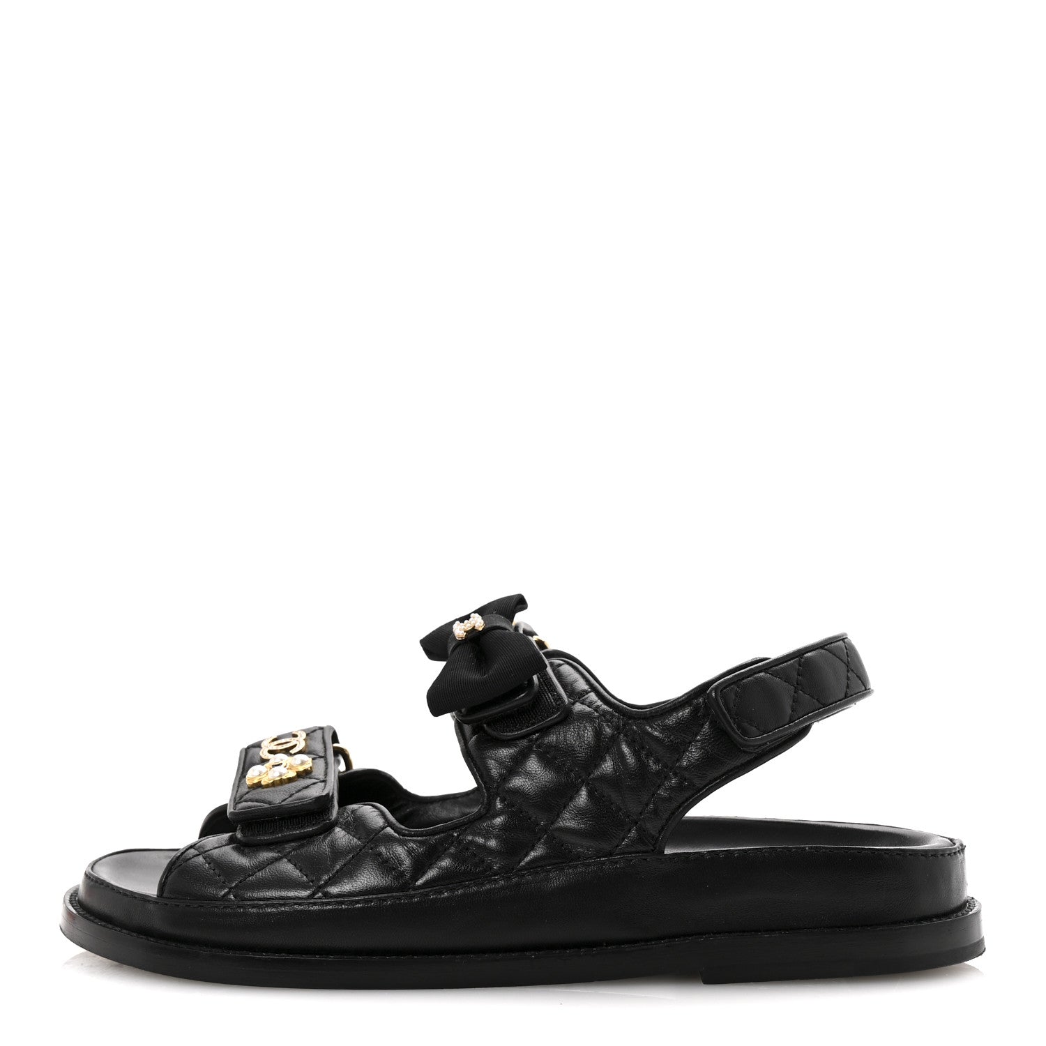 Chanel Lambskin Velcro CC Pearl Bow Dad Sandals 38 Black 1 of 10