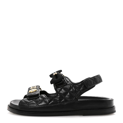 Chanel Lambskin Velcro CC Pearl Bow Dad Sandals 38 Black 1 of 10