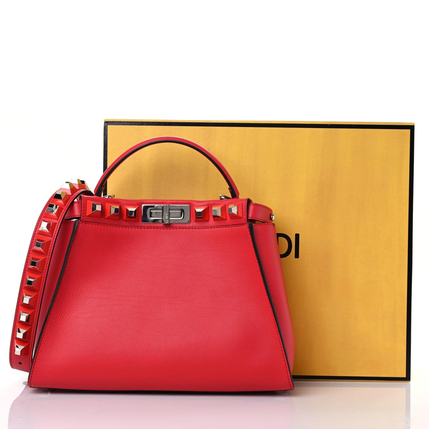 Fendi Vitello Seta Studded Medium Peekaboo Iconic Satchel Fiamma 10 of 10