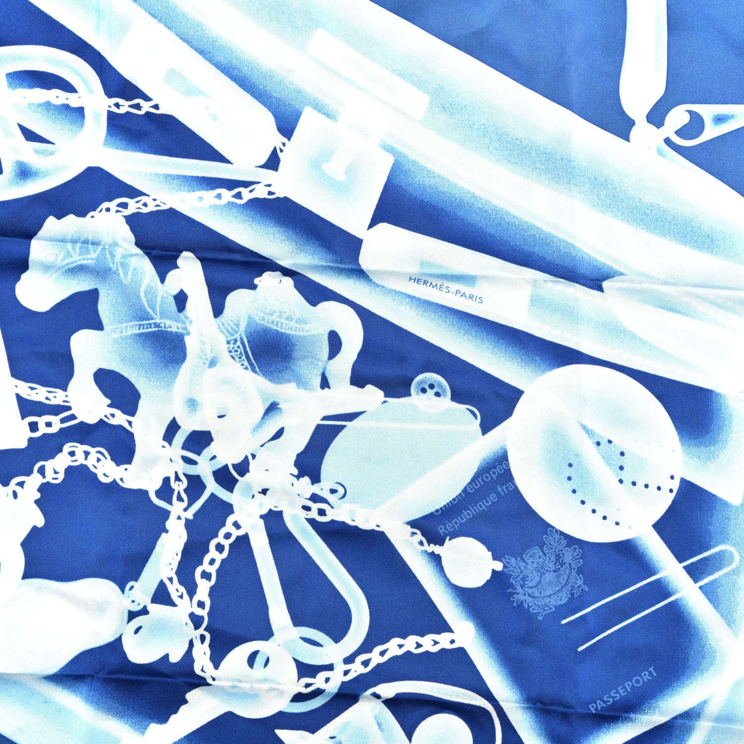 Hermes Silk Please Check In Scarf 90 Bleu Moyen Ciel White 3 of 5