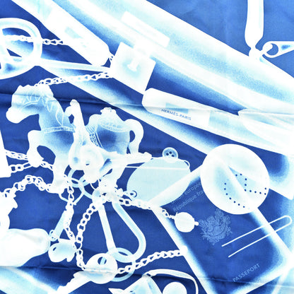 Hermes Silk Please Check In Scarf 90 Bleu Moyen Ciel White 3 of 5