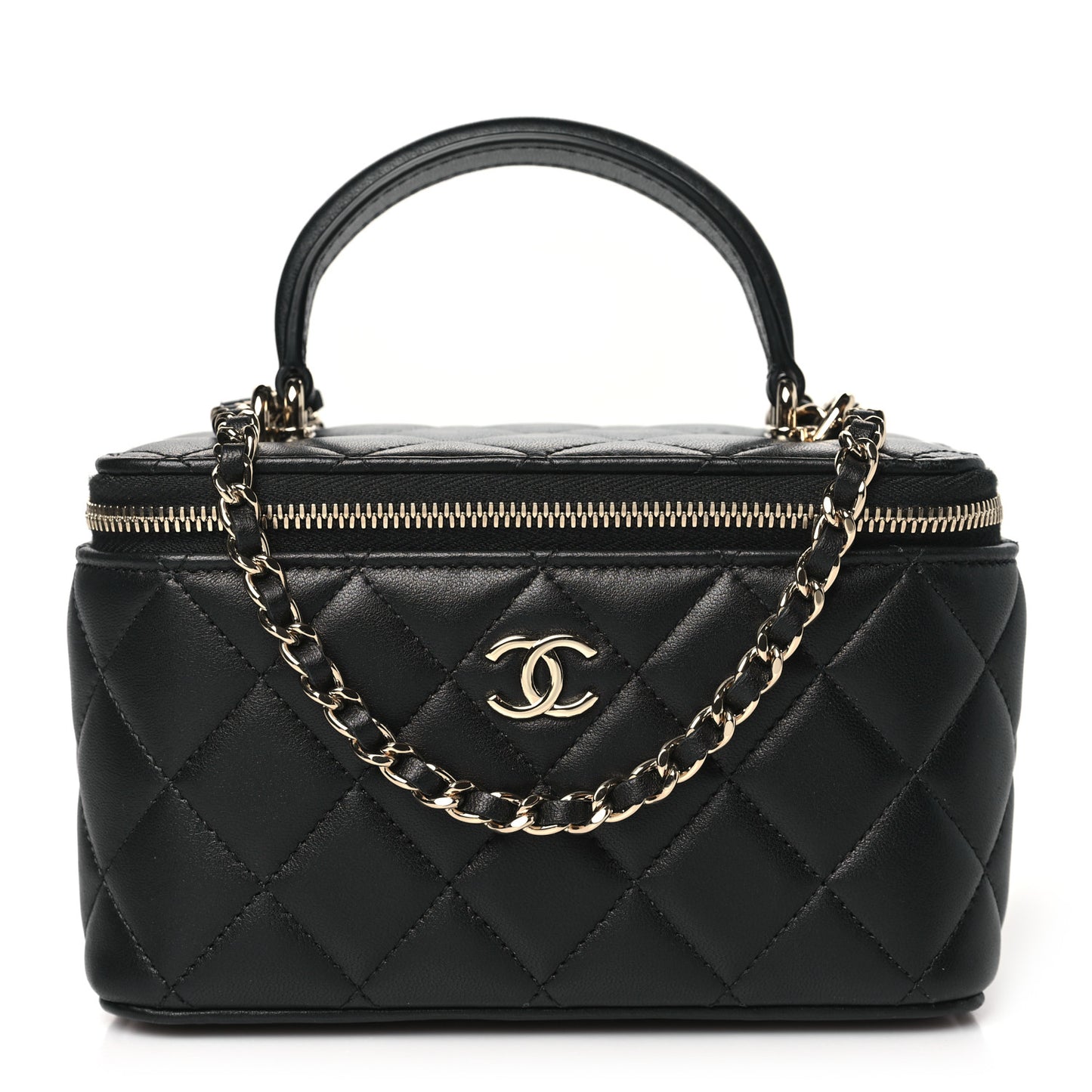Lambskin Quilted Small Top Handle Vanity Case With Chain Black