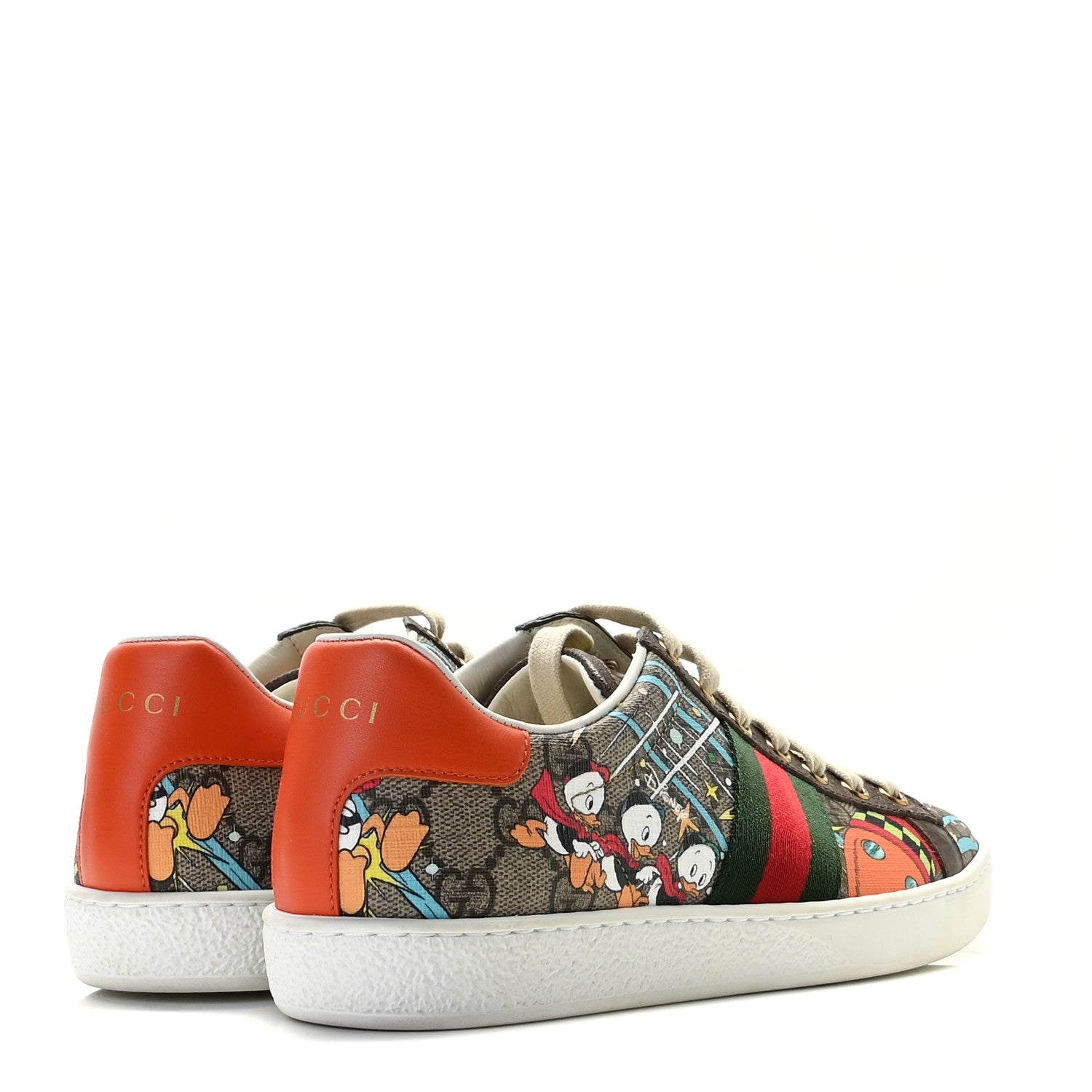 Gucci X DISNEY GG Supreme Monogram Web Donald Duck Womens Ace Sneakers 36 Beige New Acero Orange 4 of 12