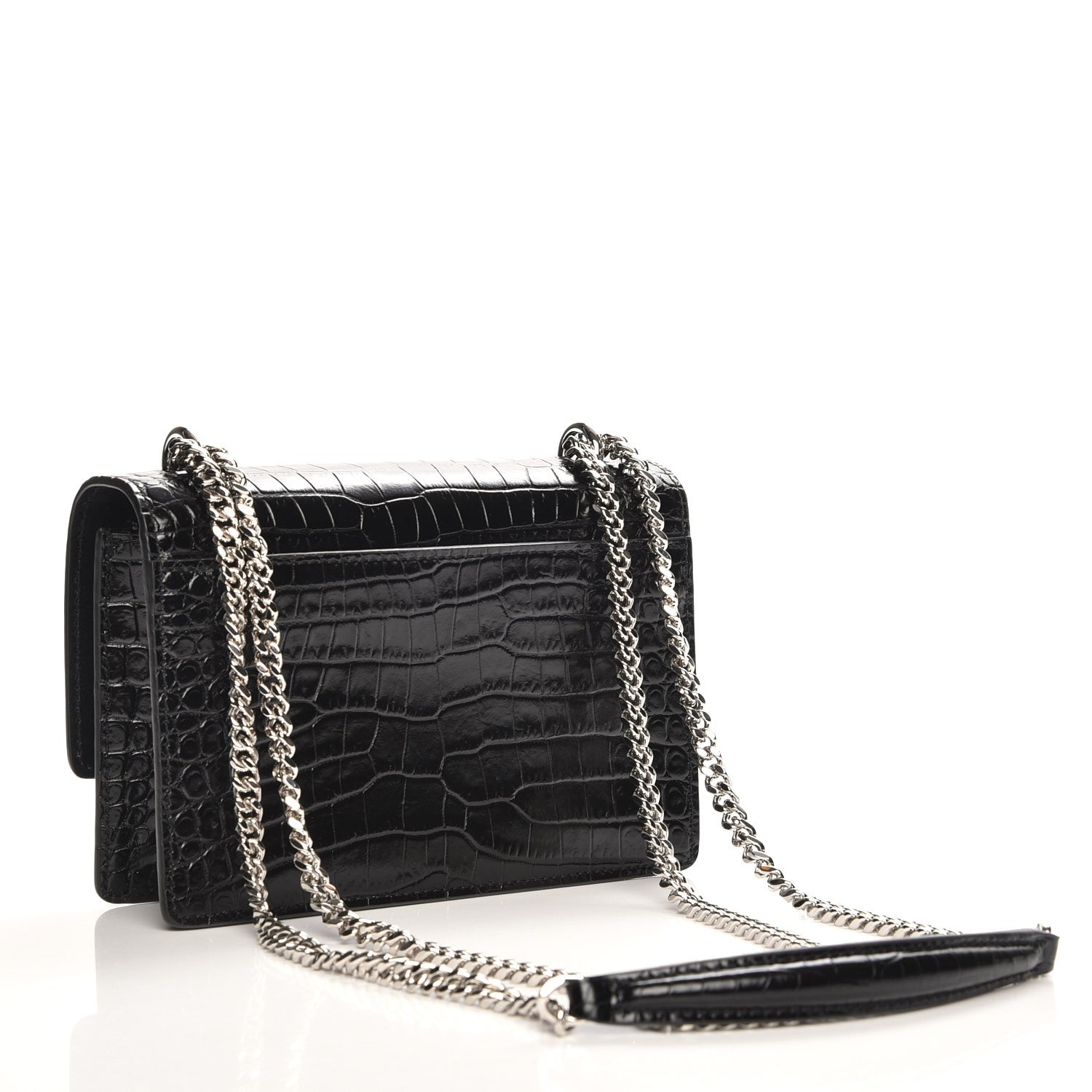 Saint Laurent Calfskin Crocodile Embossed Monogram Sunset Chain Wallet Black 3 of 6