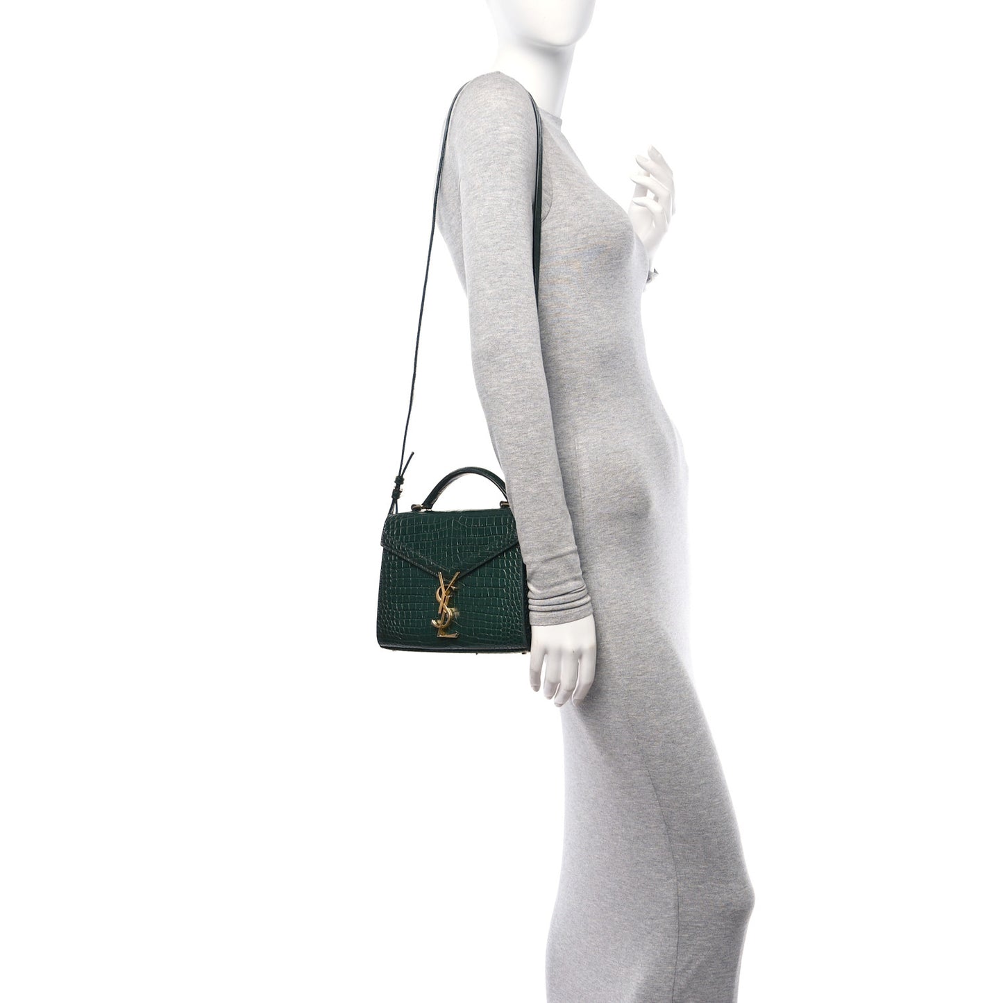 Calfskin Crocodile Embossed Mini Classic Monogram Cassandra Top Handle Dark Mint