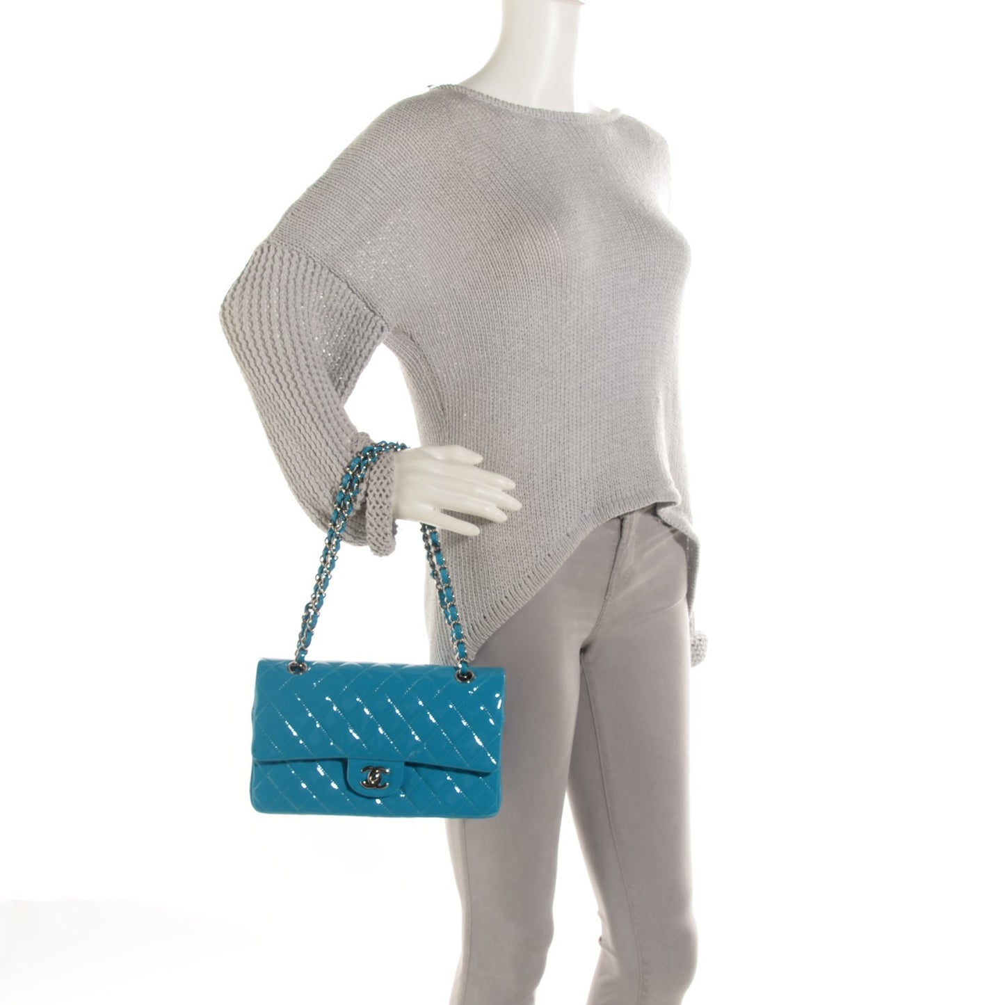 Patent Calfskin Quilted Medium Double Flap Turquoise