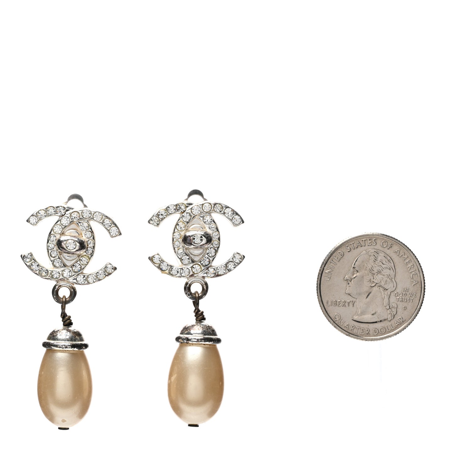 Crystal Pearl CC Turnlock Drop Earrings Silver Beige