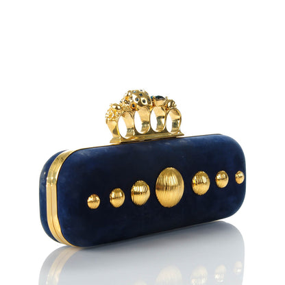 Alexander McQueen Suede Studded Skull Knuckle Box Clutch Navy 3 of 8