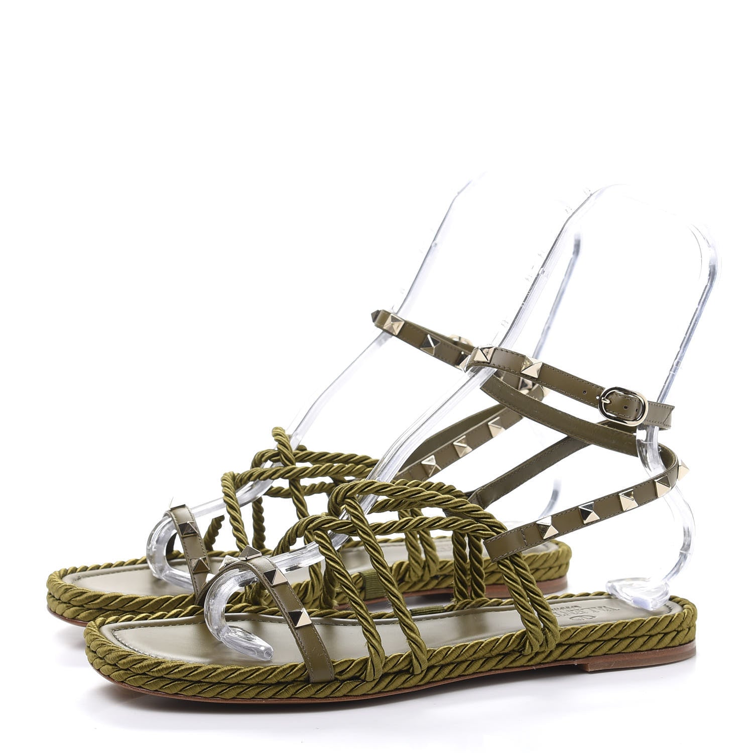 Valentino Garavani Calfskin Silk Rockstud Ankle Wrap Torchon Espadrille Flat Sandals 40 Lichen 3 of 9