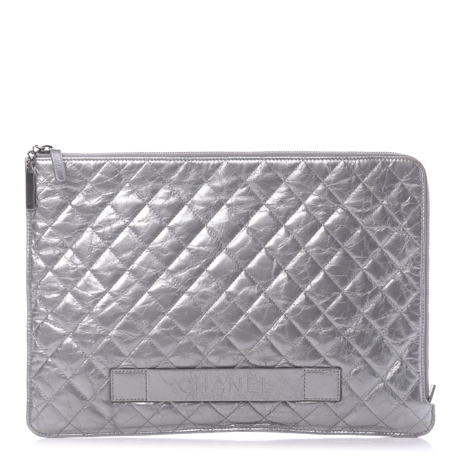 Chanel Metallic Crumpled Calfskin Quilted Large Slide Pouch Silver 1 of 10