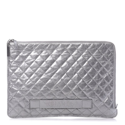 Chanel Metallic Crumpled Calfskin Quilted Large Slide Pouch Silver 1 of 10