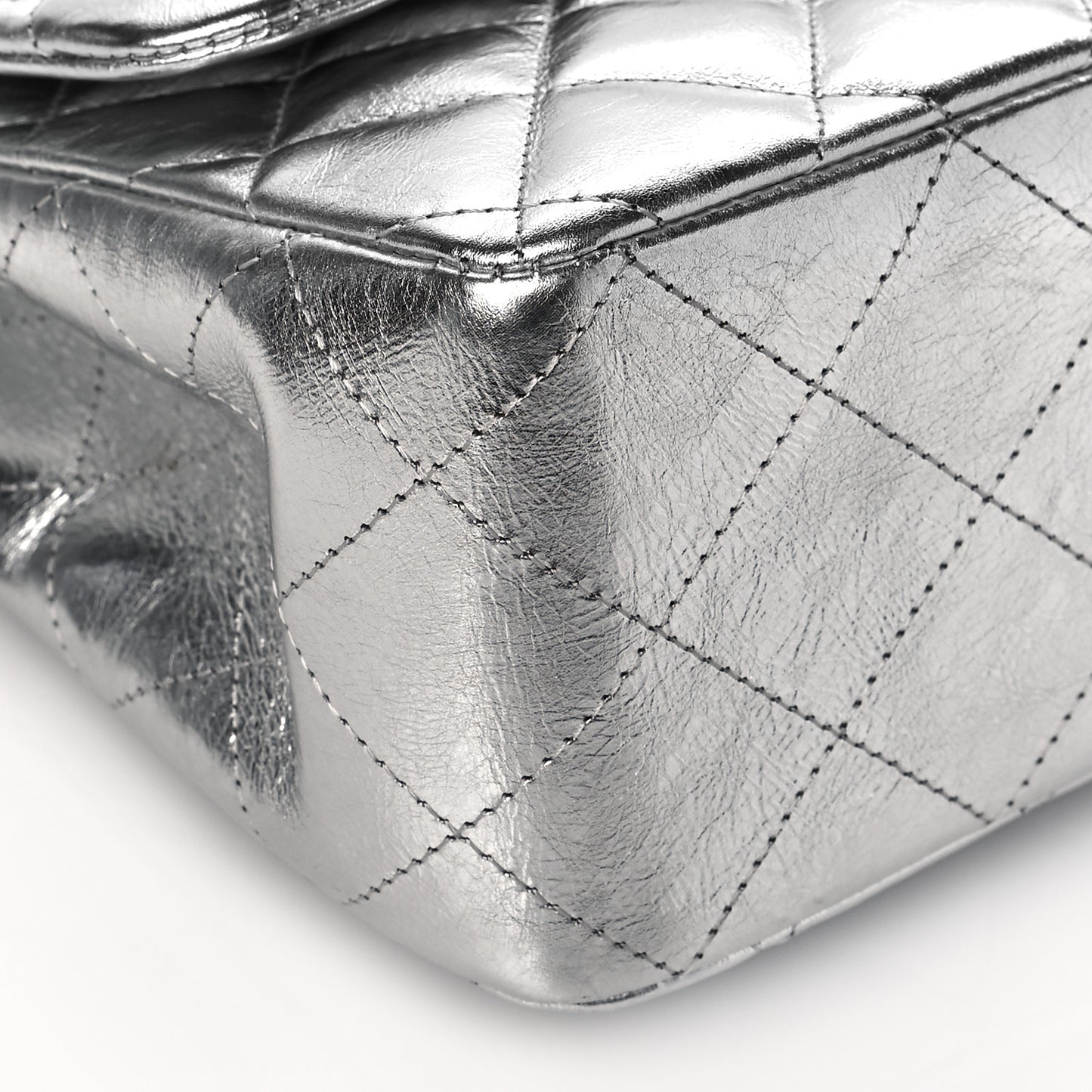 Metallic Aged Calfskin Quilted Jumbo Single Flap Silver