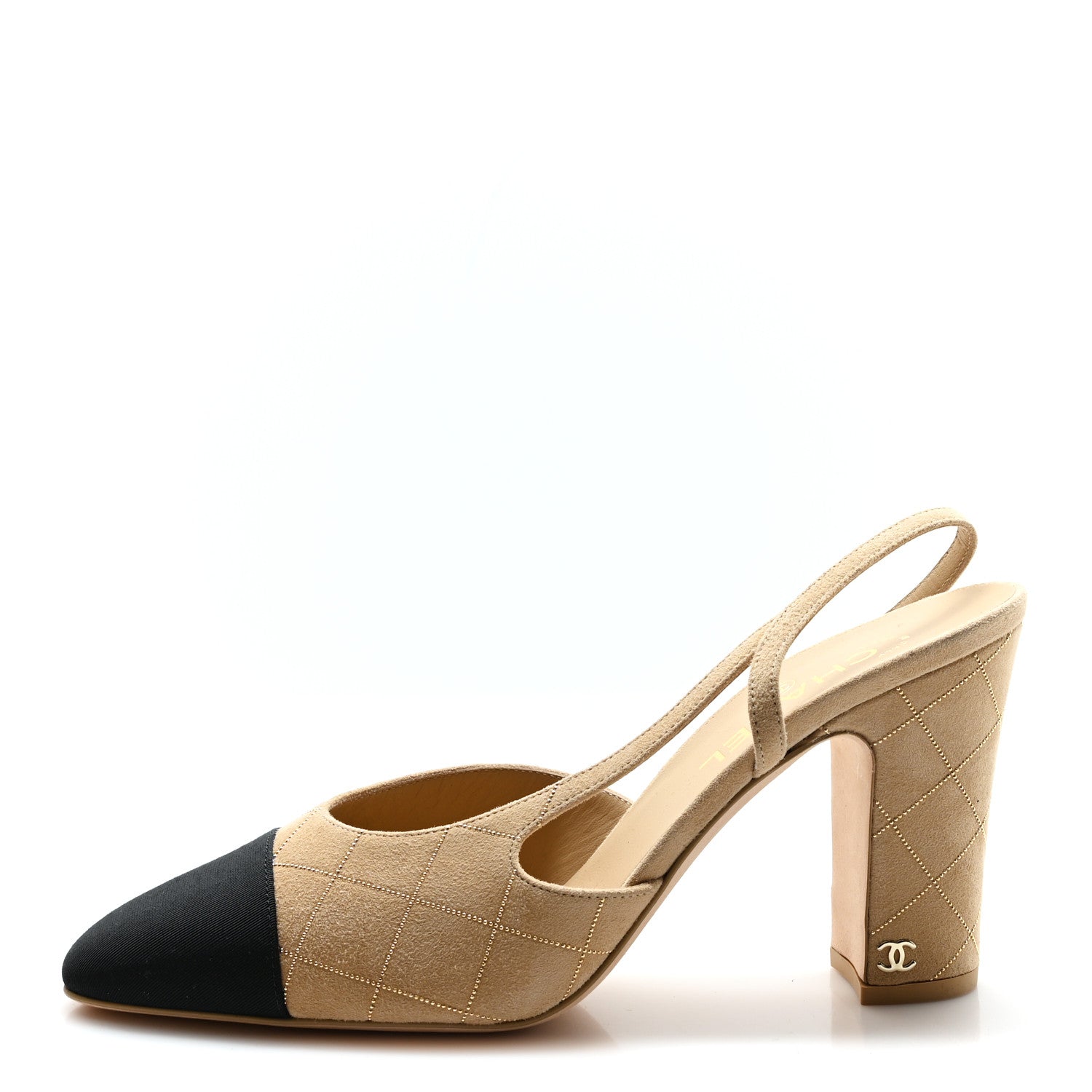 Chanel Suede Crystal Grosgrain Cap Toe CC Slingback Pumps 41 Beige Golden Black 1 of 9