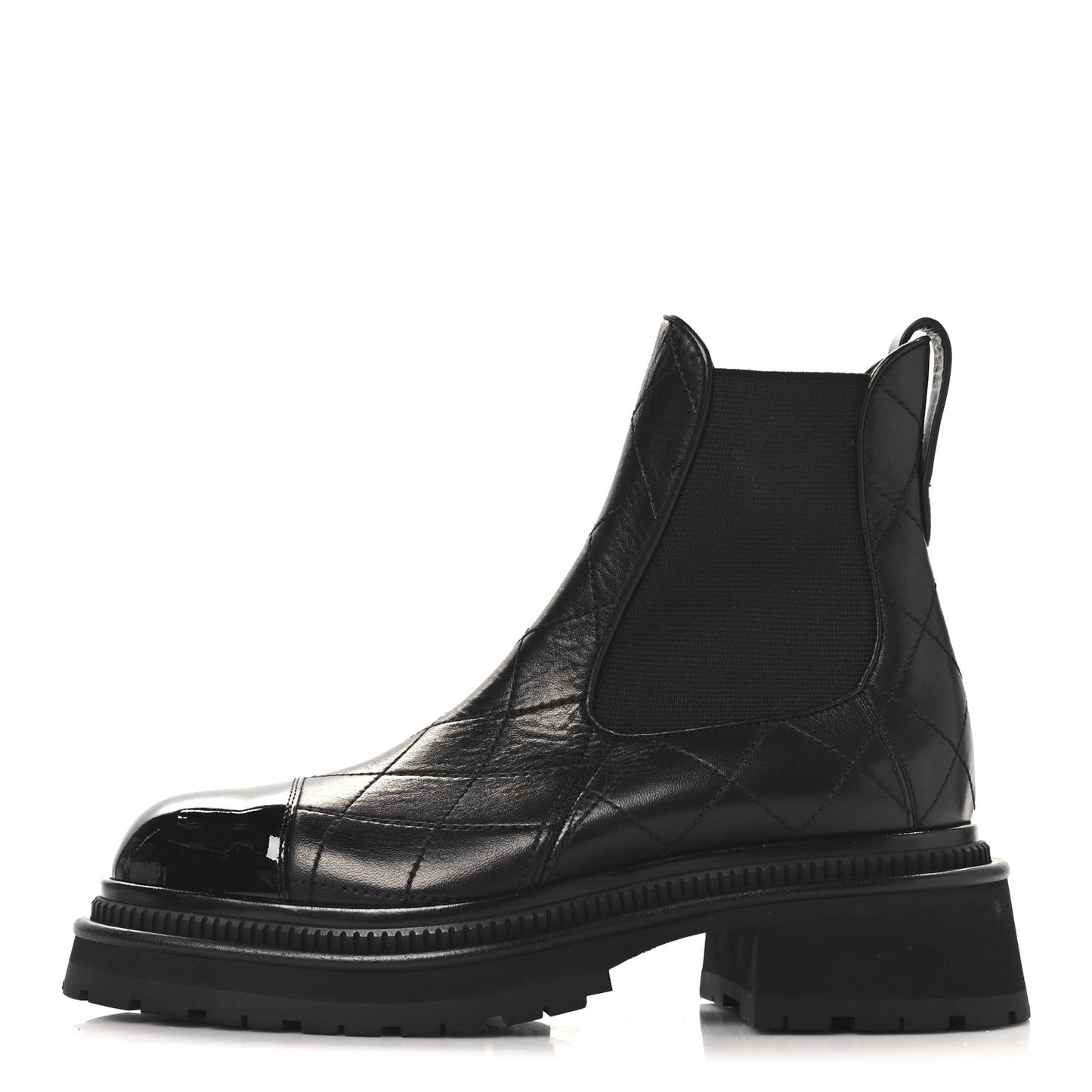 Calfskin Patent Cap Toe Quilted Short Boots 37 Black