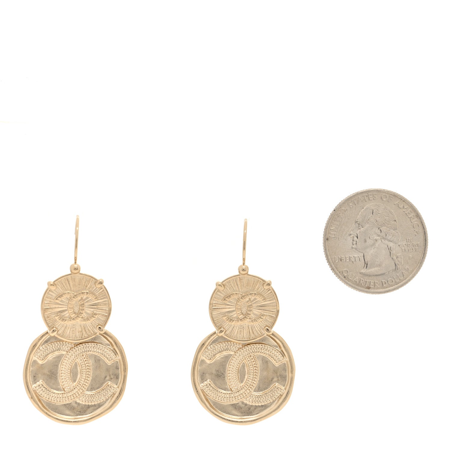 Chanel Metal Round CC Medallion Drop Earrings Gold 2 of 5