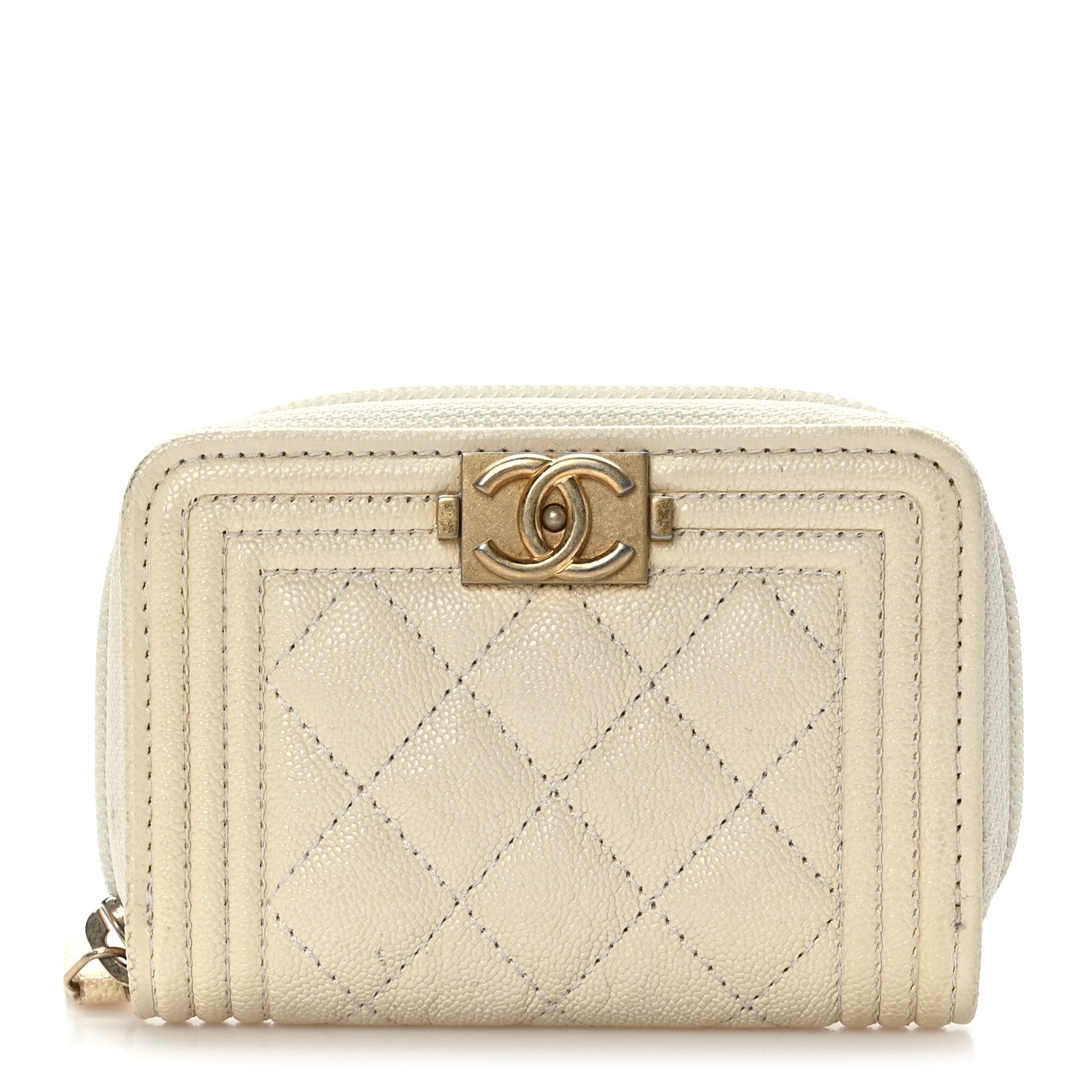 Chanel Caviar Quilted Boy Zip Around Coin Purse Wallet Ivory 1 of 8