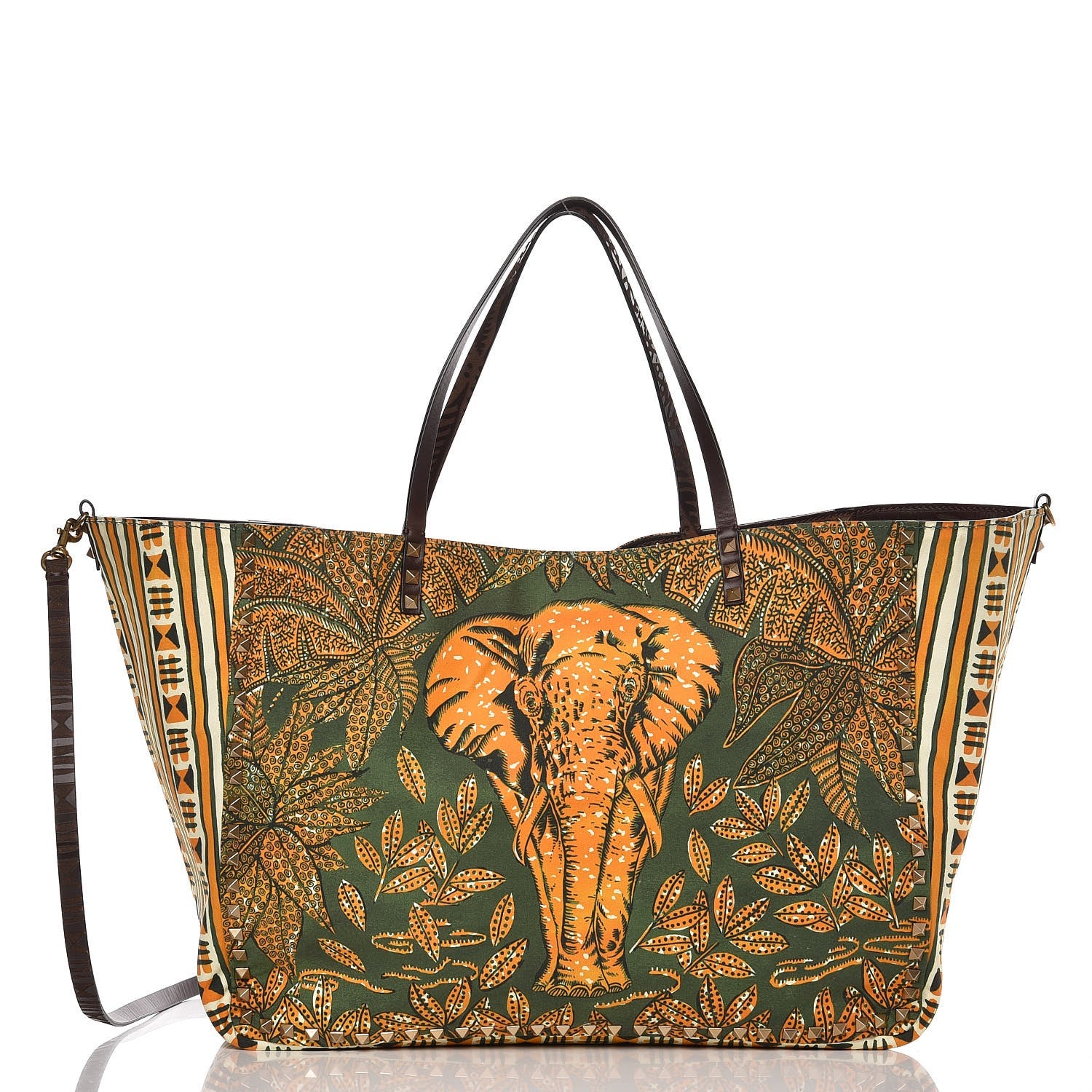 Valentino Garavani Calfskin Canvas Elephant Embossed Medium Rockstud Reversible Tote Brown 2 of 11