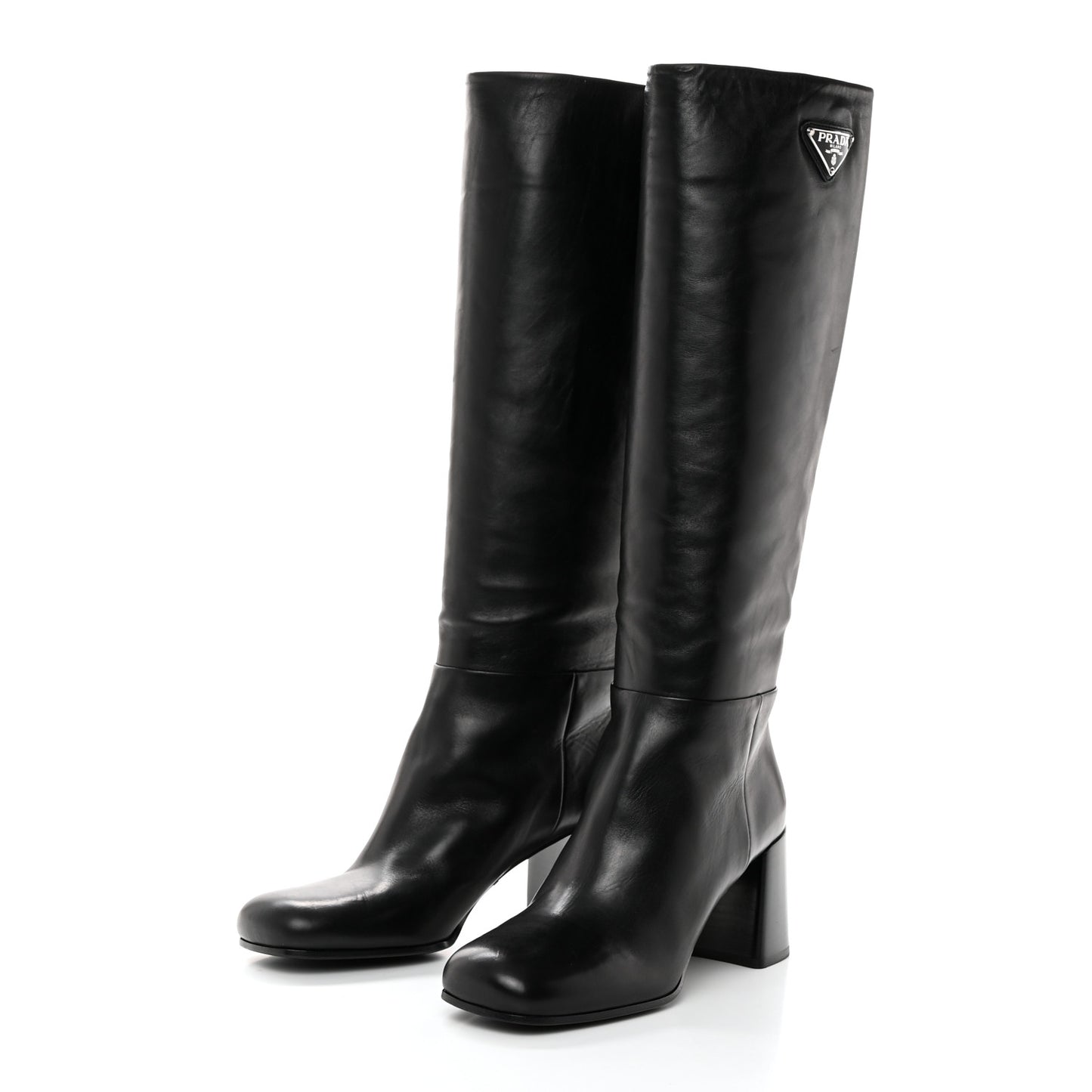 Vitello Metal Triangle Logo Block Heel 65mm Knee Boots 39 Black