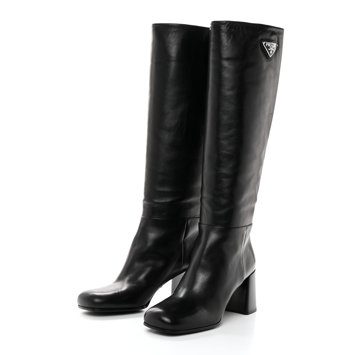 Prada Vitello Metal Triangle Logo Block Heel 65mm Knee Boots 39 Black 3 of 7