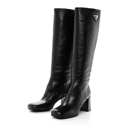 Prada Vitello Metal Triangle Logo Block Heel 65mm Knee Boots 39 Black 3 of 7