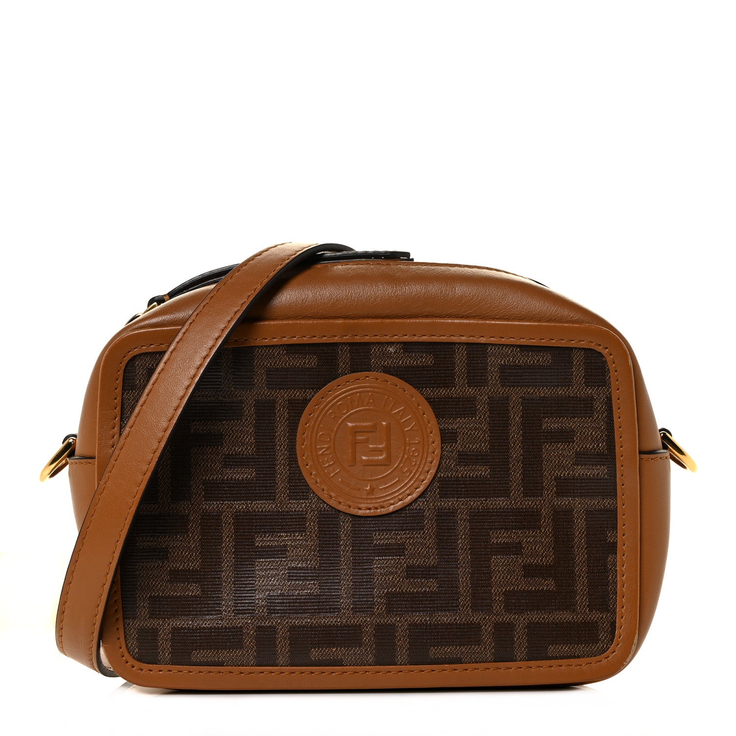 Fendi Glazed Fabric Vitello Century FF 1974 Stamp Patch Mini Camera Case Mogano Panna Caramello 1 of 9