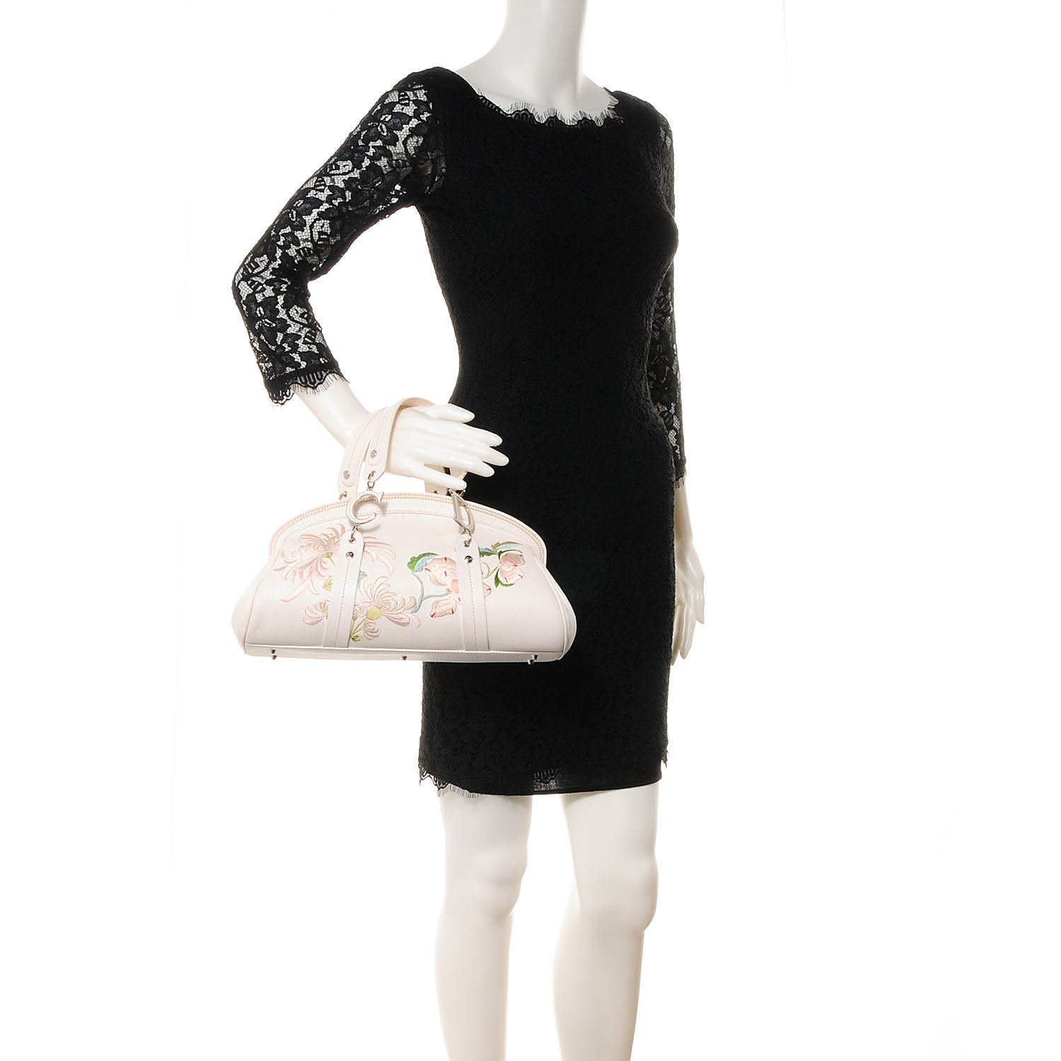 Christian Dior Grained Calfskin Vintage Flowers Frame Satchel White 2 of 7