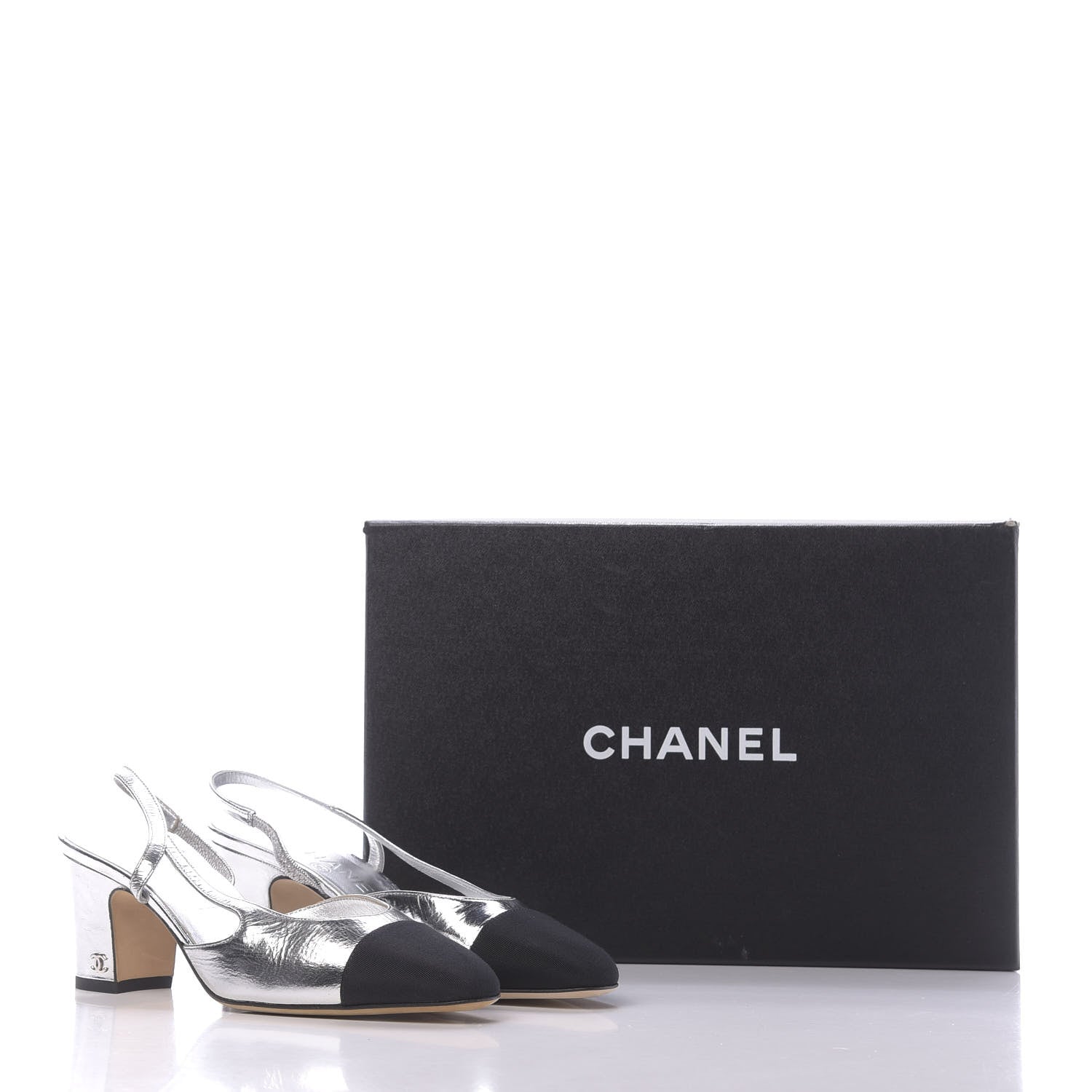 Chanel Laminated Lambskin Grosgrain Cap Toe CC Slingback Sandals 36 Silver Black 13 of 13
