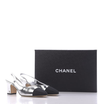 Chanel Laminated Lambskin Grosgrain Cap Toe CC Slingback Sandals 36 Silver Black 13 of 13