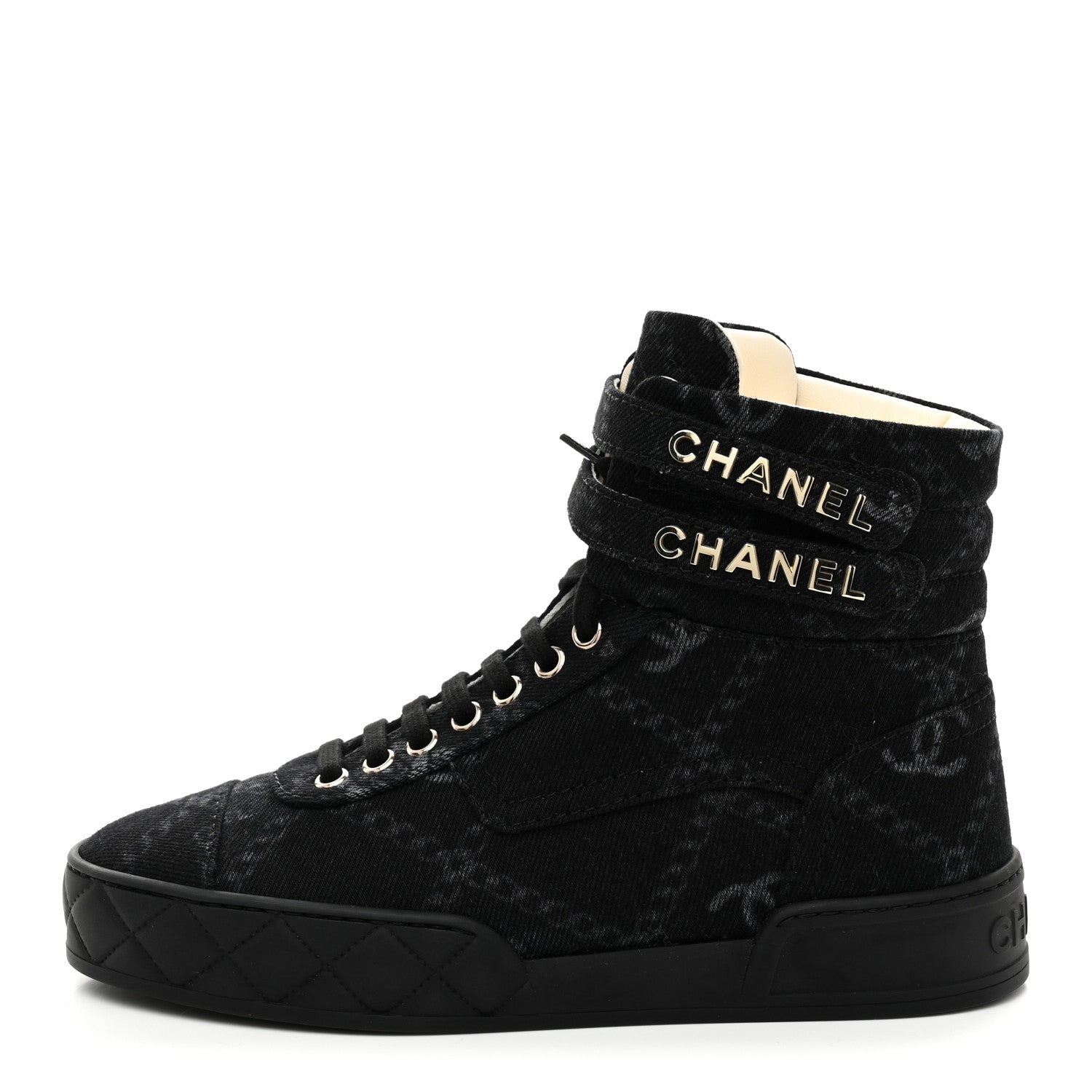 Chanel Printed Denim Logo High Top Sneakers 37.5 Black White 1 of 11