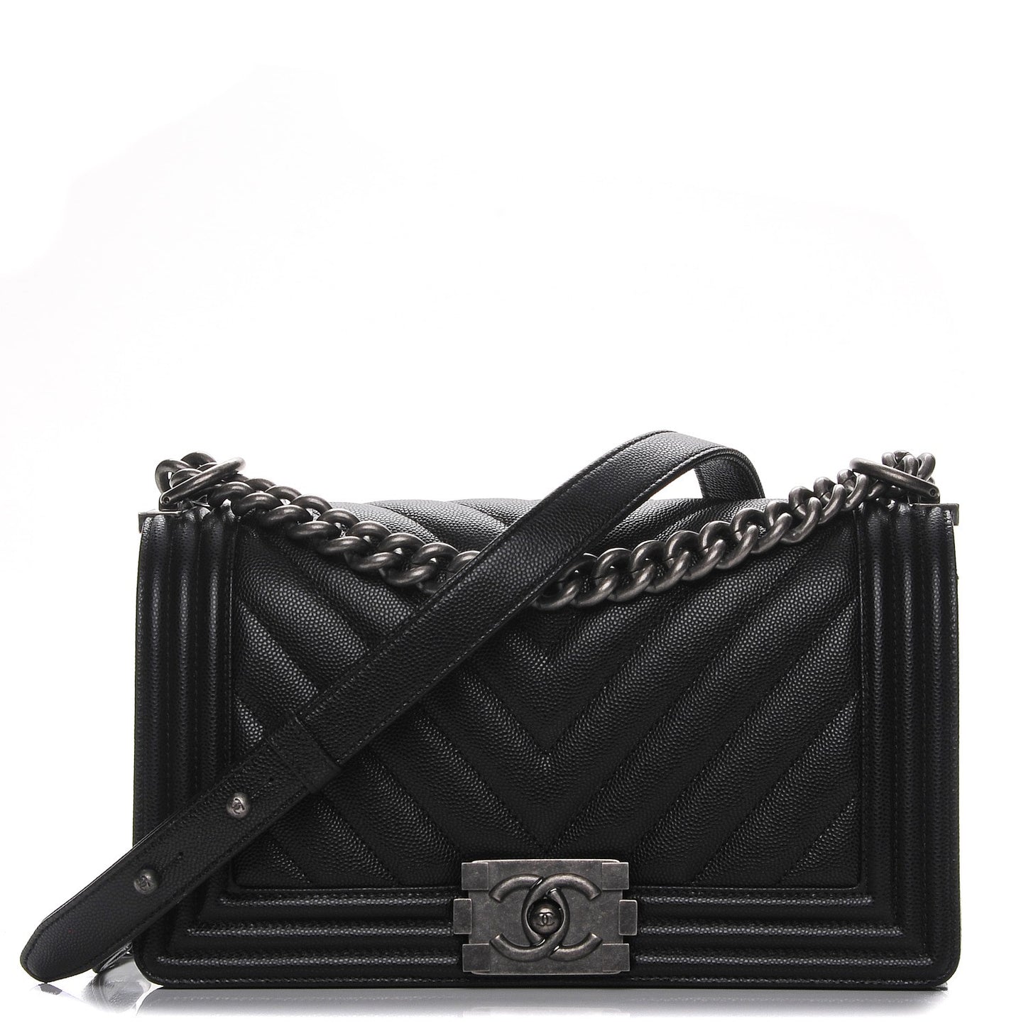 Caviar Chevron Quilted Medium Boy Flap Black