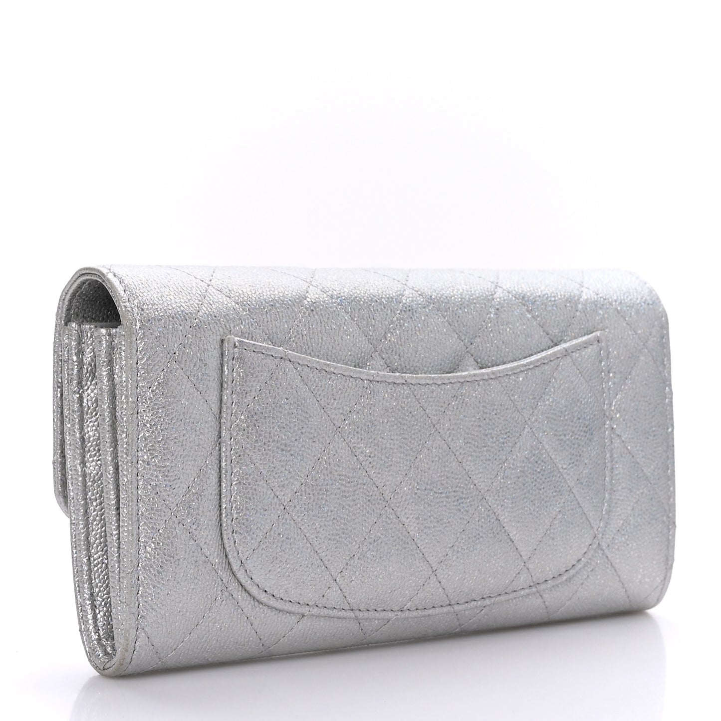 Glittered Metallic Caviar Quilted Large Flap Wallet Silver