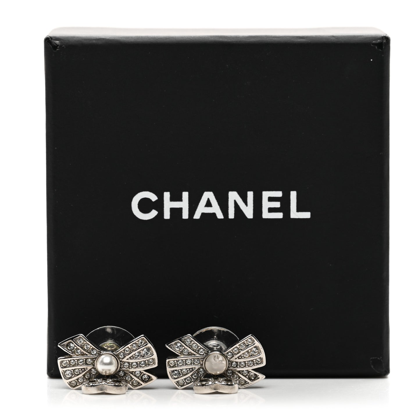 Crystal Pearl Bow CC Drop Earrings Silver