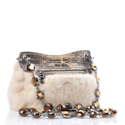 Miu Miu Rabbit Fur Lizard Crystal Shoulder Bag Avorio 3 of 9